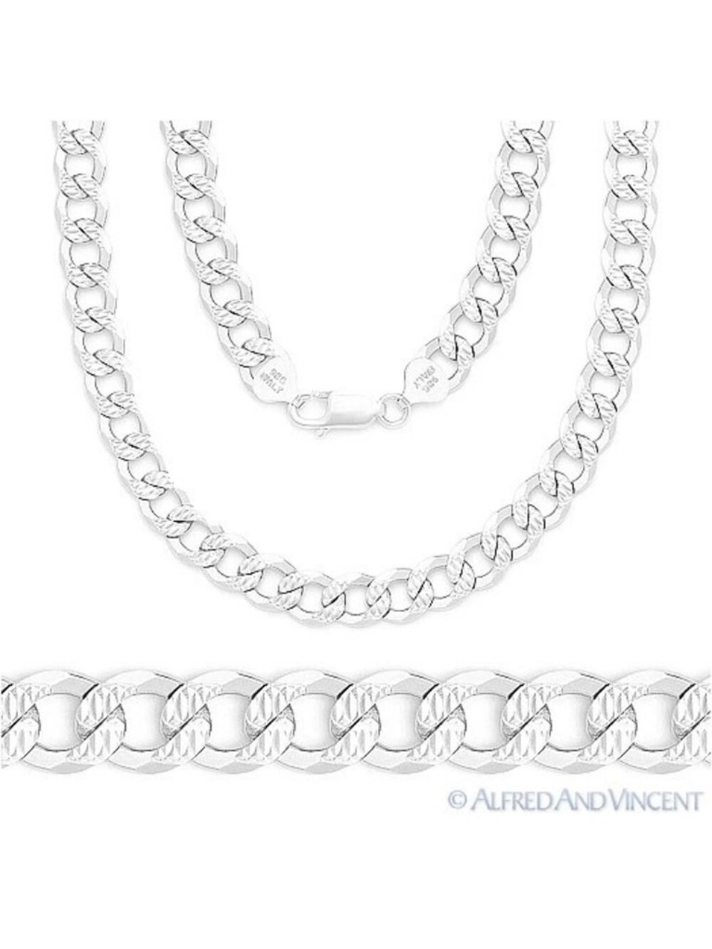 5.1mm Cuban / Curb Link D-Cut Pave Chain Necklace in .925 Sterling Silver 28"